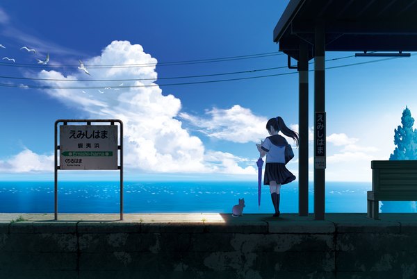 Anime picture 917x615 with original mocha (cotton) single long hair black hair holding looking away sky cloud (clouds) ponytail pleated skirt from behind horizon scenic closed umbrella girl skirt uniform animal socks