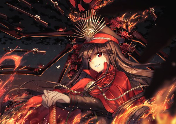 Anime picture 1240x874 with fate (series) koha-ace oda nobunaga (fate) (all) oda nobunaga (fate) rosuuri single fringe smile red eyes brown hair signed looking away upper body very long hair night shaded face military girl uniform flower (flowers)