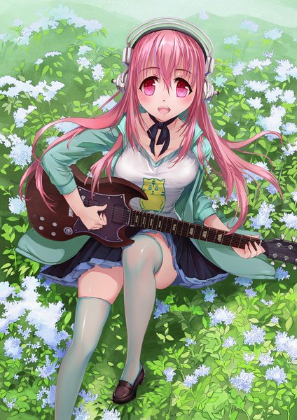 Anime picture 992x1403 with nitroplus super sonico lain1 single long hair tall image looking at viewer blush breasts open mouth sitting holding pink hair cleavage pleated skirt pink eyes from above zettai ryouiki happy looking up