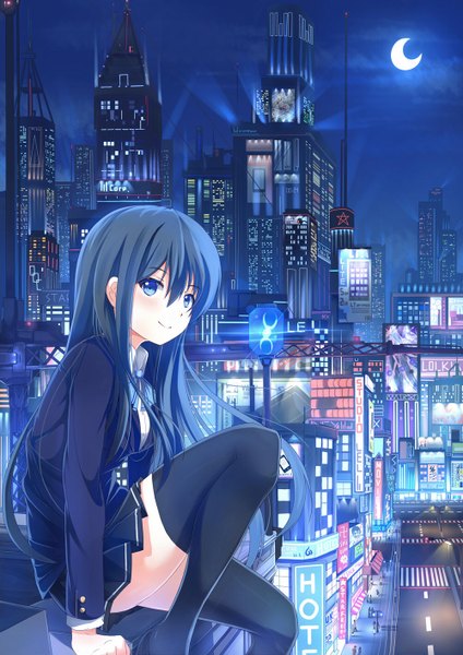 Anime picture 1000x1414 with love lab doga kobo maki natsuo riki-to single long hair tall image blush blue eyes smile blue hair night city cityscape crescent city lights girl thighhighs skirt uniform