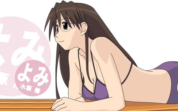 Anime picture 1280x800 with azumanga daioh j.c. staff mizuhara koyomi long hair brown hair wide image brown eyes girl swimsuit bikini glasses