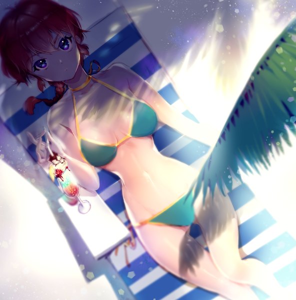 Anime picture 1885x1912 with ranma 1/2 saotome ranma saotome ranma (girl) linebj single long hair tall image looking at viewer highres blue eyes light erotic red hair lying braid (braids) from above shadow midriff on back lens flare genderswap