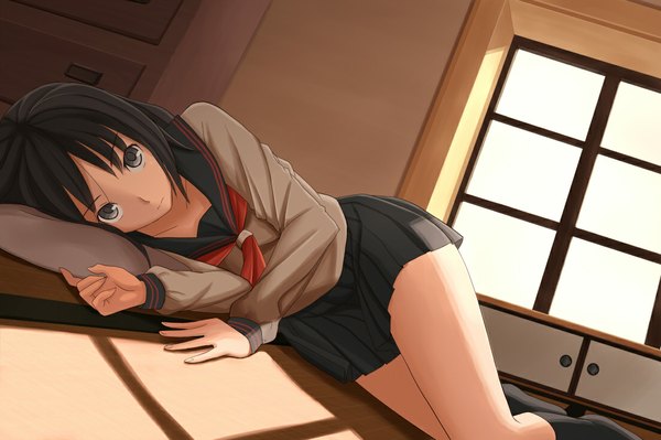 Anime picture 1100x733 with original pinkwaters long hair black hair lying black eyes girl socks serafuku window black socks