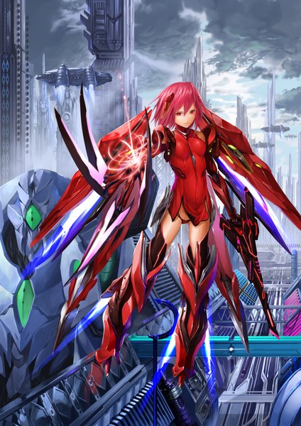 Anime picture 1240x1754 with original solru (tyappygain) single tall image looking at viewer short hair light erotic red eyes pink hair flying mecha musume mechanical wings science fiction futuristic girl underwear panties weapon wings bodysuit