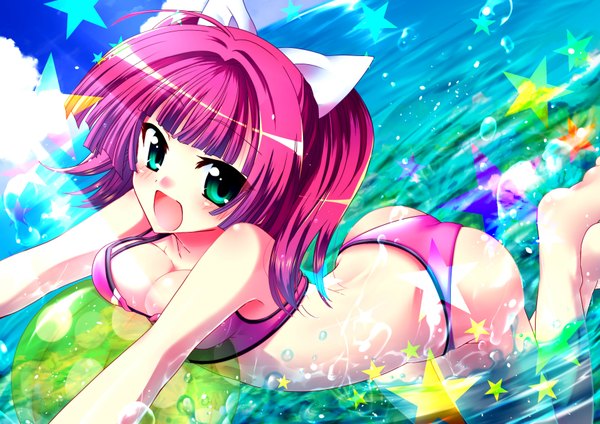 Anime picture 1753x1240 with original mizumori mike single long hair looking at viewer blush highres breasts open mouth blue eyes light erotic pink hair breast press girl bow swimsuit hair bow bikini sea star (symbol)
