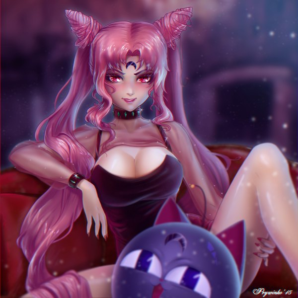 Anime picture 2000x2000 with bishoujo senshi sailor moon toei animation chibiusa black lady luna p olga narhova looking at viewer blush fringe highres breasts light erotic smile red eyes large breasts sitting signed pink hair bent knee (knees) very long hair