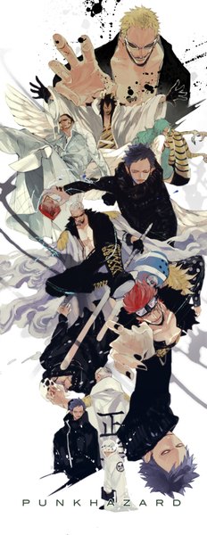 Anime picture 800x2068 with one piece toei animation trafalgar law donquixote doflamingo eustass kid smoker (one piece) monet (one piece) killer (one piece) caesar clown vergo natsume (ntm 62) tall image short hair black hair blonde hair simple background smile white background blue hair red hair