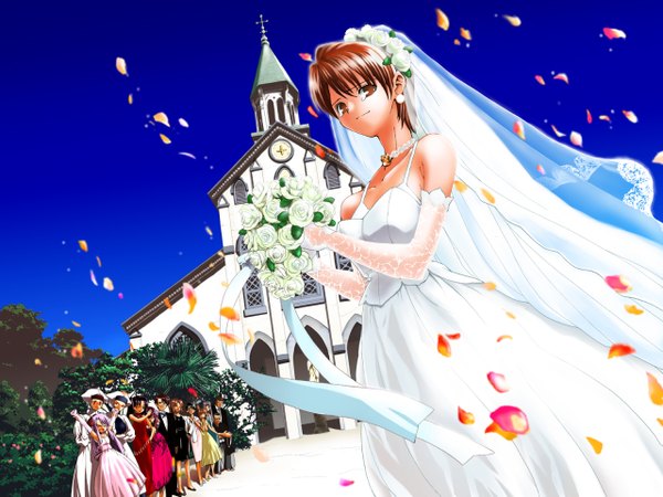 Anime picture 1280x960 with fate (series) fate/stay night studio deen type-moon toosaka rin matou sakura illyasviel von einzbern fujimura taiga leysritt sella wallpaper dress wedding dress