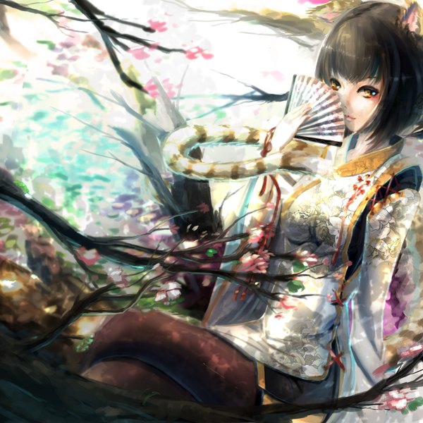 Anime picture 2000x2000 with original kikivi single looking at viewer highres short hair black hair sitting brown eyes animal ears tail traditional clothes animal tail cat ears cat girl cat tail girl flower (flowers) plant (plants) tree (trees)