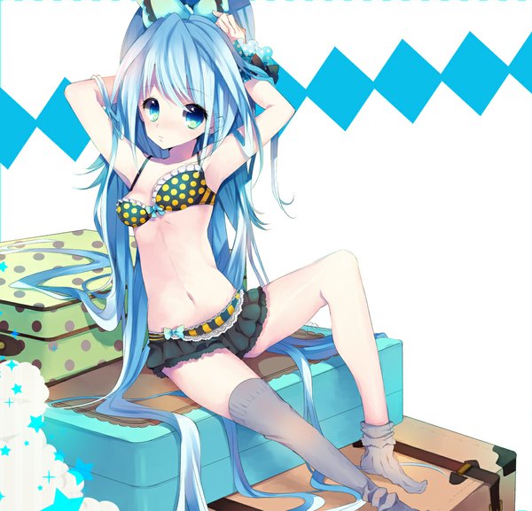 Anime picture 1039x1000 with original rugo single long hair blue eyes blue hair armpit (armpits) polka dot girl thighhighs skirt navel swimsuit miniskirt suitcase polka dot bikini