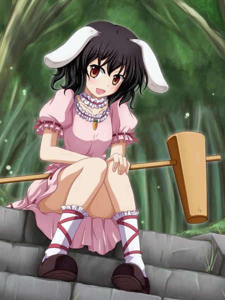 Anime picture 1650x2200 with touhou inaba tewi shira-nyoro tall image short hair open mouth black hair sitting animal ears full body orange eyes bunny ears girl plant (plants) tree (trees) stairs