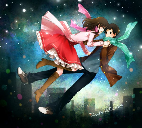 Anime picture 1200x1079 with tokyo marble chocolate production i.g yuudai (tokyo marble chocolate) chizuru (tokyo marble chocolate) itsuya (artist) blush short hair smile brown hair black eyes city holding hands snowing snow flying face to face silhouette girl dress boy