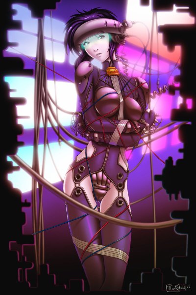 Anime picture 800x1200 with ghost in the shell production i.g kusanagi motoko evilflesh (artist) single tall image short hair light erotic purple eyes signed looking away purple hair realistic girl bodysuit wire (wires)