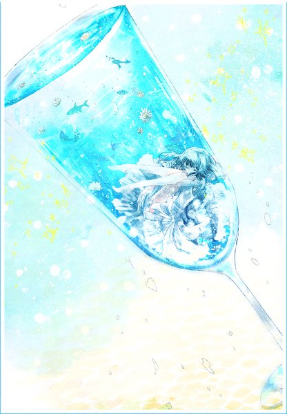 Anime picture 702x1013 with original kurage (youmaycry) long hair tall image fringe blue hair eyes closed barefoot bare legs no shoes underwater leg hug girl dress animal water white dress bubble (bubbles) fish (fishes) wine glass