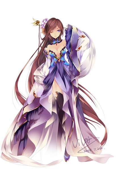 Anime picture 800x1174 with original vilor single tall image fringe breasts simple background brown hair standing white background purple eyes signed looking away cleavage very long hair one eye closed wide sleeves girl thighhighs dress