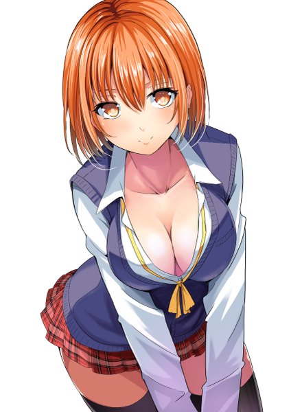 Anime picture 849x1200 with original nishigori atsushi single tall image looking at viewer blush fringe short hair breasts light erotic simple background large breasts standing white background cleavage pleated skirt light smile orange hair from below orange eyes