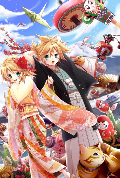 Anime picture 1689x2500 with vocaloid kagamine rin kagamine len sinwa (tamaki) tall image short hair open mouth blue eyes blonde hair holding cloud (clouds) traditional clothes japanese clothes new year girl boy hair ornament kimono fur obi