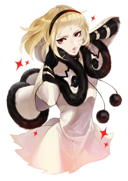 Anime picture 2480x3508 with tokigiakira single tall image looking at viewer highres short hair simple background blonde hair smile red eyes standing white background facial mark girl gloves black gloves elbow gloves cape coat pompon