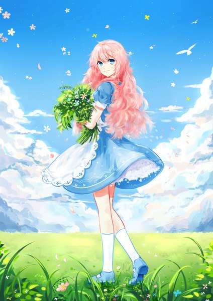 Anime picture 1000x1414 with original samizuban single long hair tall image looking at viewer blue eyes pink hair sky cloud (clouds) full body looking back girl dress flower (flowers) socks white socks bouquet