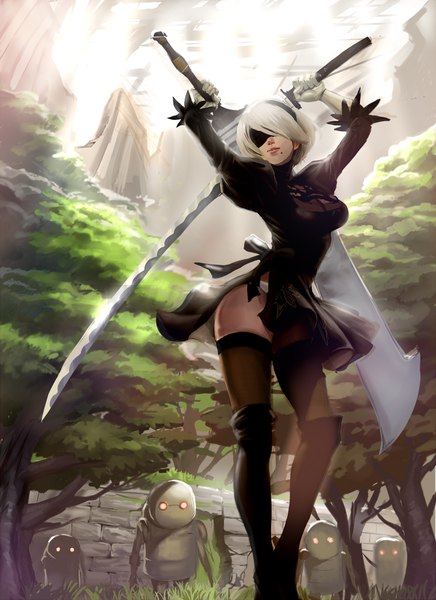 Anime picture 727x1000 with nier nier:automata yorha no. 2 type b rejun tall image short hair breasts light erotic large breasts holding full body white hair lips sunlight mole glowing glowing eye (eyes) cleavage cutout mole under mouth dual wielding