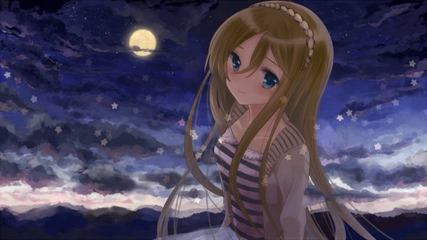 Anime picture 1000x562 with vocaloid lily (vocaloid) shigure ui single long hair looking at viewer blush fringe blue eyes blonde hair smile hair between eyes wide image cloud (clouds) upper body night night sky striped glow girl
