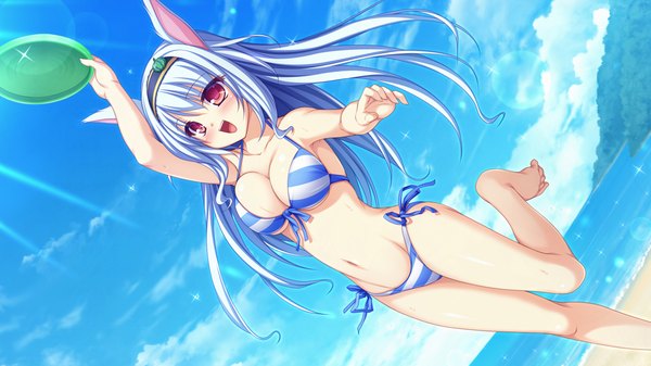 Anime picture 1280x720 with g.i.b. girls in black elise wallenstein tenmaso long hair blush breasts open mouth light erotic red eyes wide image animal ears blue hair game cg sky cloud (clouds) bunny ears beach bunny girl girl navel