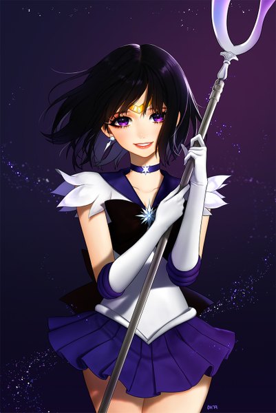 Anime picture 900x1345 with bishoujo senshi sailor moon toei animation tomoe hotaru sailor saturn aegyo single tall image looking at viewer short hair black hair simple background smile standing purple eyes holding pleated skirt wind lips dark background purple background