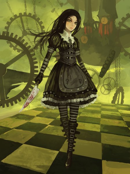 Anime picture 960x1280 with american mcgee's alice (game) alice: madness returns alice (american mcgee's) gjred single long hair tall image black hair standing green eyes lips checkered floor bloody weapon girl dress gloves weapon pantyhose blood knife