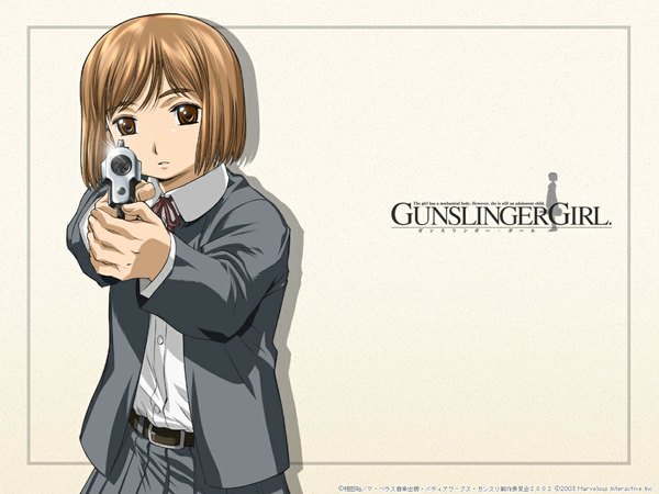 Anime picture 1024x768 with gunslinger girl madhouse henrietta (gunslinger girl) single looking at viewer short hair simple background brown hair brown eyes upper body official art shadow copyright name girl uniform weapon school uniform gun pistol