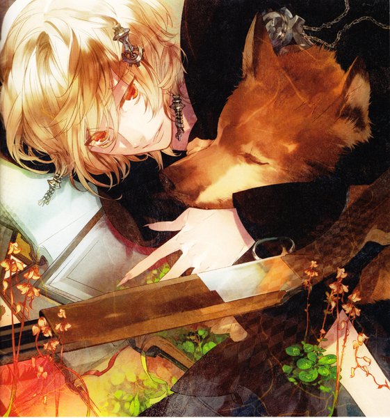 Anime picture 2100x2246 with kazuaki tall image highres blonde hair lying orange eyes boy hair ornament animal fox