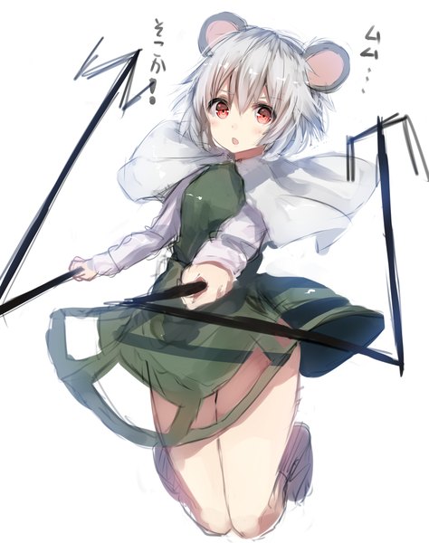 Anime picture 857x1085 with touhou nazrin wowoguni single tall image looking at viewer blush fringe short hair open mouth light erotic simple background red eyes white background animal ears silver hair text jumping mouse ears girl