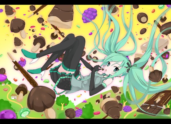 Anime picture 1350x975 with vocaloid hatsune miku oudanhodou single long hair twintails aqua eyes aqua hair letterboxed eating falling girl thighhighs gloves black thighhighs elbow gloves food sweets chocolate mushroom (mushrooms)