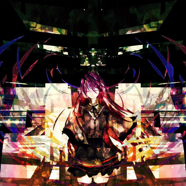 Anime picture 1280x1280 with original meola single long hair purple hair eyes closed spread arms abstract girl skirt