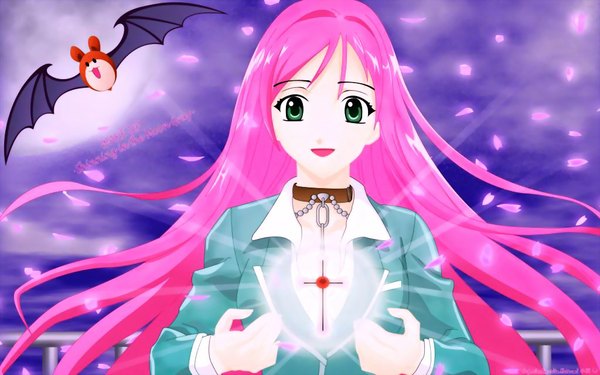Anime picture 1024x640 with rosario+vampire akashiya moka open mouth smile wide image green eyes pink hair