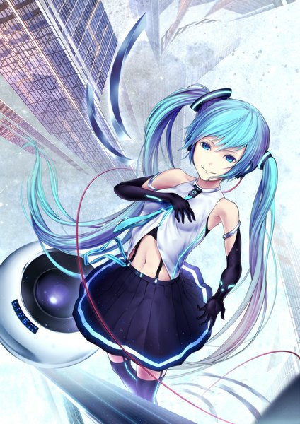 Anime picture 778x1100 with vocaloid hatsune miku oki (koi0koi) single tall image looking at viewer smile twintails bare shoulders very long hair aqua eyes aqua hair girl thighhighs skirt gloves navel hair ornament black thighhighs black gloves