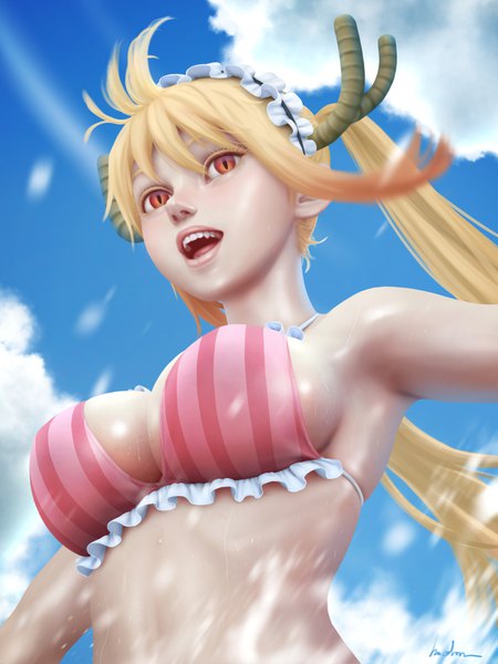 Anime picture 1200x1600 with kobayashi-san chi no maidragon kyoto animation tooru (maidragon) gohpot single long hair tall image fringe breasts open mouth light erotic blonde hair hair between eyes signed sky cloud (clouds) upper body horn (horns) wind realistic