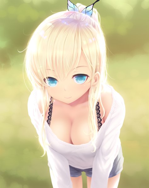 Anime picture 1200x1518 with boku wa tomodachi ga sukunai kashiwazaki sena cait single long hair tall image looking at viewer breasts blue eyes light erotic blonde hair cleavage ponytail girl hair ornament shorts short shorts butterfly hair ornament