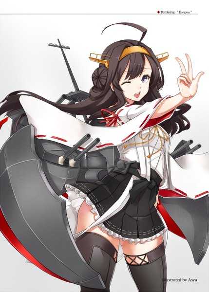 Anime picture 1025x1433 with kantai collection kongou battleship asya single long hair tall image looking at viewer open mouth black hair purple eyes one eye closed wink victory girl thighhighs hair ornament black thighhighs detached sleeves