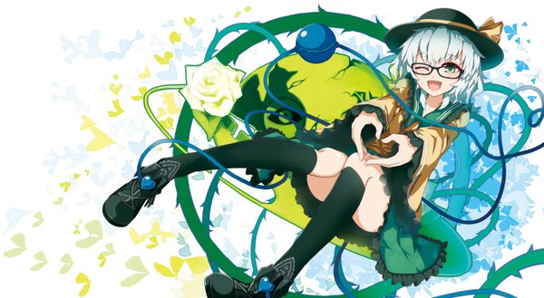 Anime picture 1380x758 with touhou komeiji koishi chiruru96 single looking at viewer fringe short hair open mouth wide image green eyes one eye closed wink aqua hair heart hands bespectacled girl flower (flowers) hat socks glasses