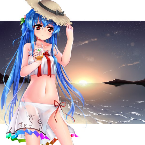 Anime picture 1280x1280 with touhou hinanawi tenshi mijinko (rioriorio) single long hair blush light erotic red eyes blue hair evening sunset mountain girl navel swimsuit hat sea drink