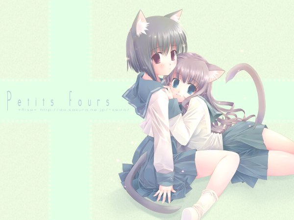 Anime picture 1280x960 with toto seiro long hair looking at viewer blush short hair blue eyes black hair red eyes sitting multiple girls animal ears purple hair looking back light smile inscription bare legs cat tail loli soft beauty girl