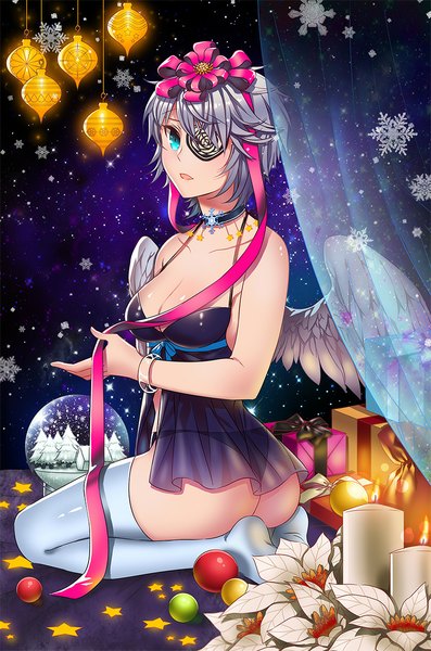 Anime picture 750x1132 with sword girls iri flina single tall image looking at viewer short hair blue eyes light erotic silver hair ass space girl flower (flowers) ribbon (ribbons) hair ribbon wings star (symbol) star (stars) gift snowflake (snowflakes)