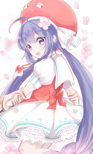 Anime picture 1580x2620 with vocaloid otomachi una n03+ single tall image open mouth twintails purple eyes payot looking away purple hair ahoge very long hair :d looking back puffy sleeves cherry blossoms low twintails sailor collar girl