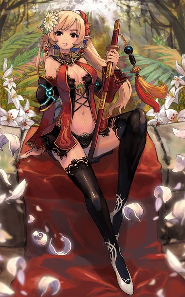 Anime picture 1417x2270 with qbspdl single long hair tall image blush breasts light erotic blonde hair red eyes sitting twintails bare shoulders hair flower pointy ears girl thighhighs hair ornament underwear panties flower (flowers)