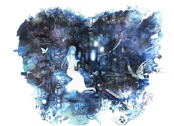 Anime picture 1800x1299 with original tsugakuroni jitchaoru highres simple background smile white background sitting blue hair eyes closed light smile city monochrome cityscape pale skin outline girl dress plant (plants) window white dress