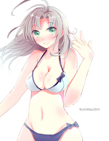 Anime picture 2000x2600 with kantai collection kinugasa heavy cruiser tebi (tbd11) single long hair tall image looking at viewer blush highres breasts light erotic simple background smile white background green eyes signed silver hair ahoge wind dated