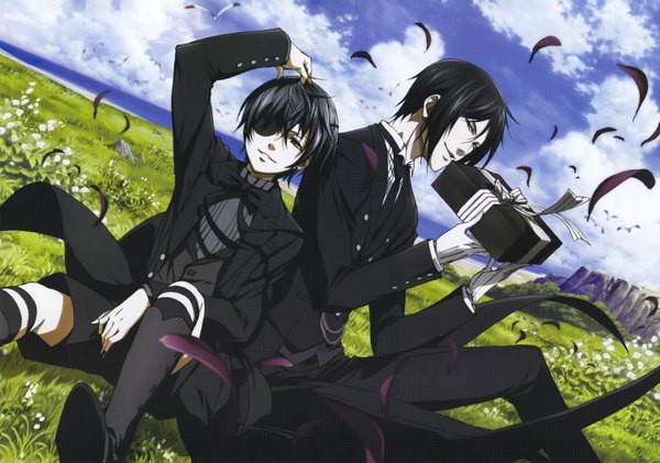 Anime picture 3020x2122 with kuroshitsuji a-1 pictures sebastian michaelis ciel phantomhive highres short hair black hair smile red eyes brown eyes absurdres sky cloud (clouds) mountain boy gloves flower (flowers) plant (plants) necktie bowtie