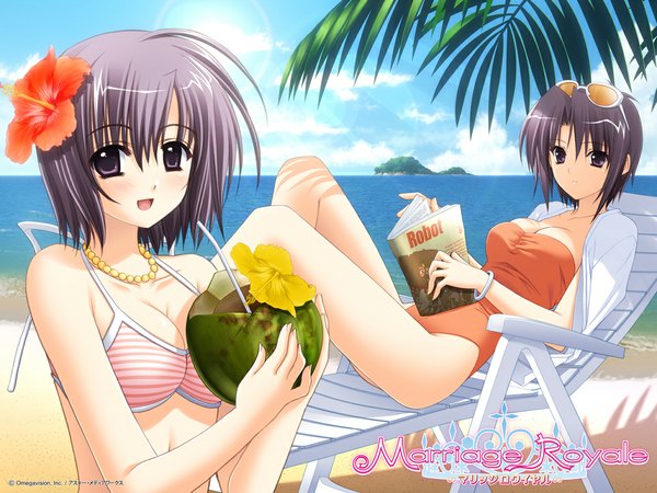 Anime picture 1024x768 with marriage royale miku (marriage royale) short hair light erotic sky hair flower beach flower (flowers) swimsuit bikini water sea hibiscus