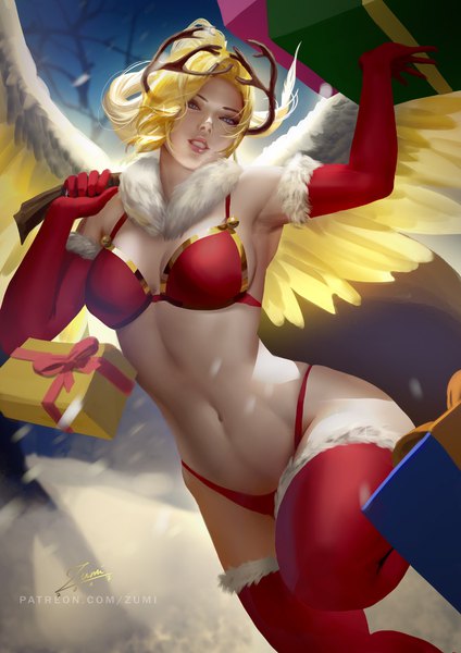 Anime picture 764x1080 with overwatch blizzard entertainment mercy (overwatch) zumi (zumidraws) single long hair tall image looking at viewer breasts blue eyes light erotic blonde hair signed bent knee (knees) ponytail parted lips horn (horns) realistic armpit (armpits) fur trim