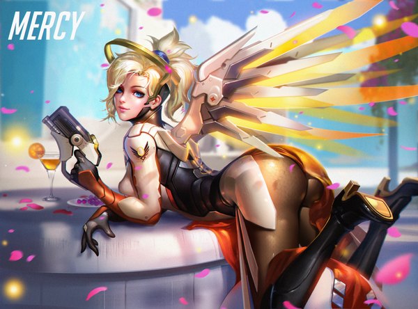 Anime picture 2000x1482 with overwatch blizzard entertainment mercy (overwatch) liang xing single looking at viewer fringe highres short hair blue eyes light erotic blonde hair sky cloud (clouds) bent knee (knees) ass ponytail looking back light smile realistic
